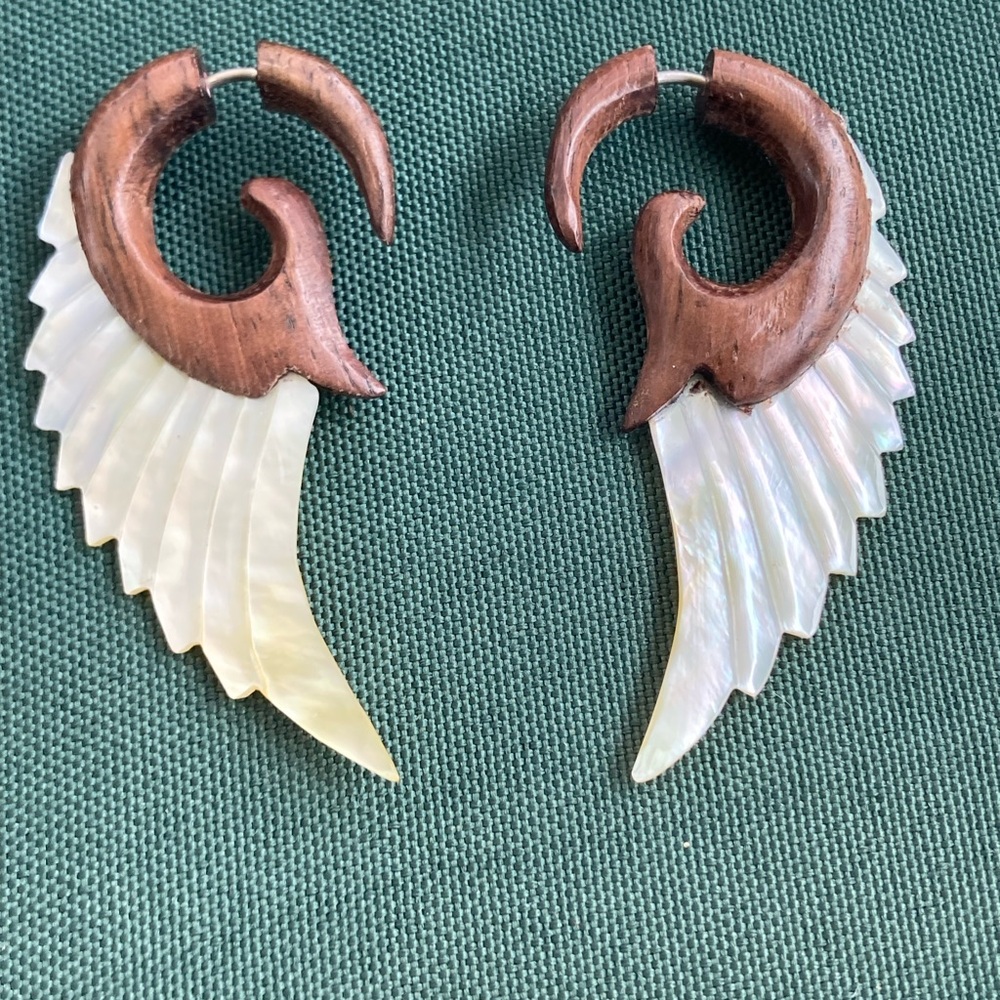 Gorgeous goddess wood and mother of pearl earrings